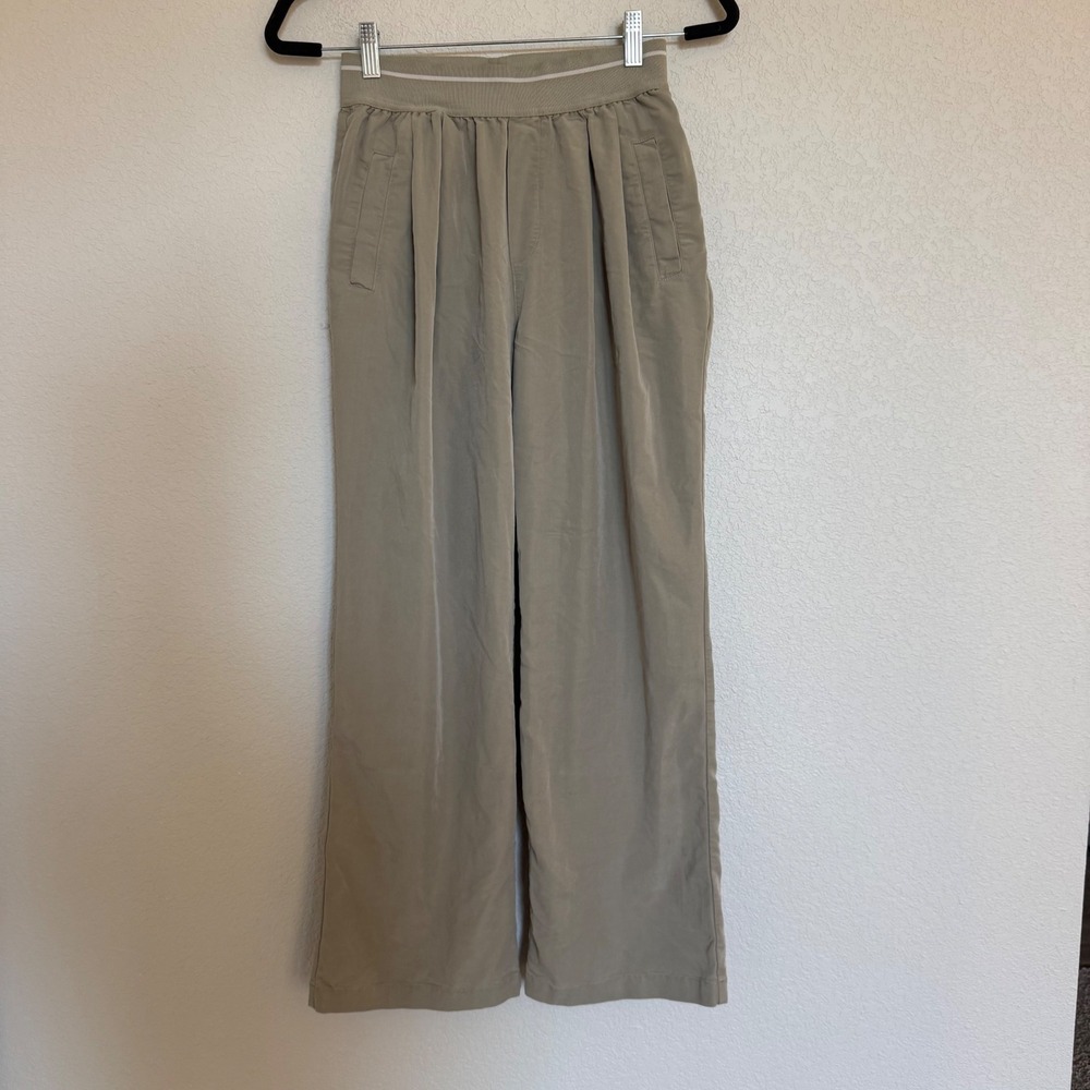 Varley Taupe Khaki Wide Leg Pleated Pants Elastic Waist Relaxed Basic Minimal Sm